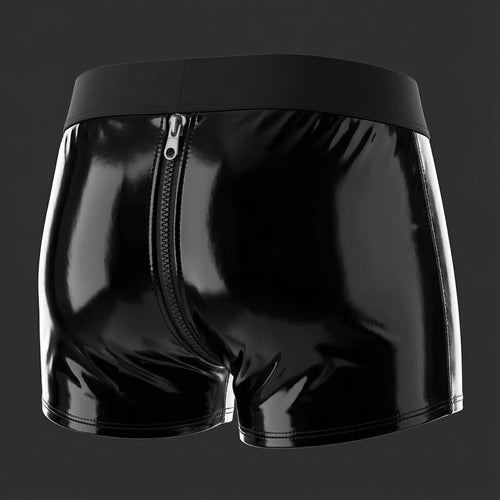 BOXER VINILO CON CIERRE 180° en vinilo. Vista espalda, corte trunk cuadrado y anclaje de cintura. Alepadron.