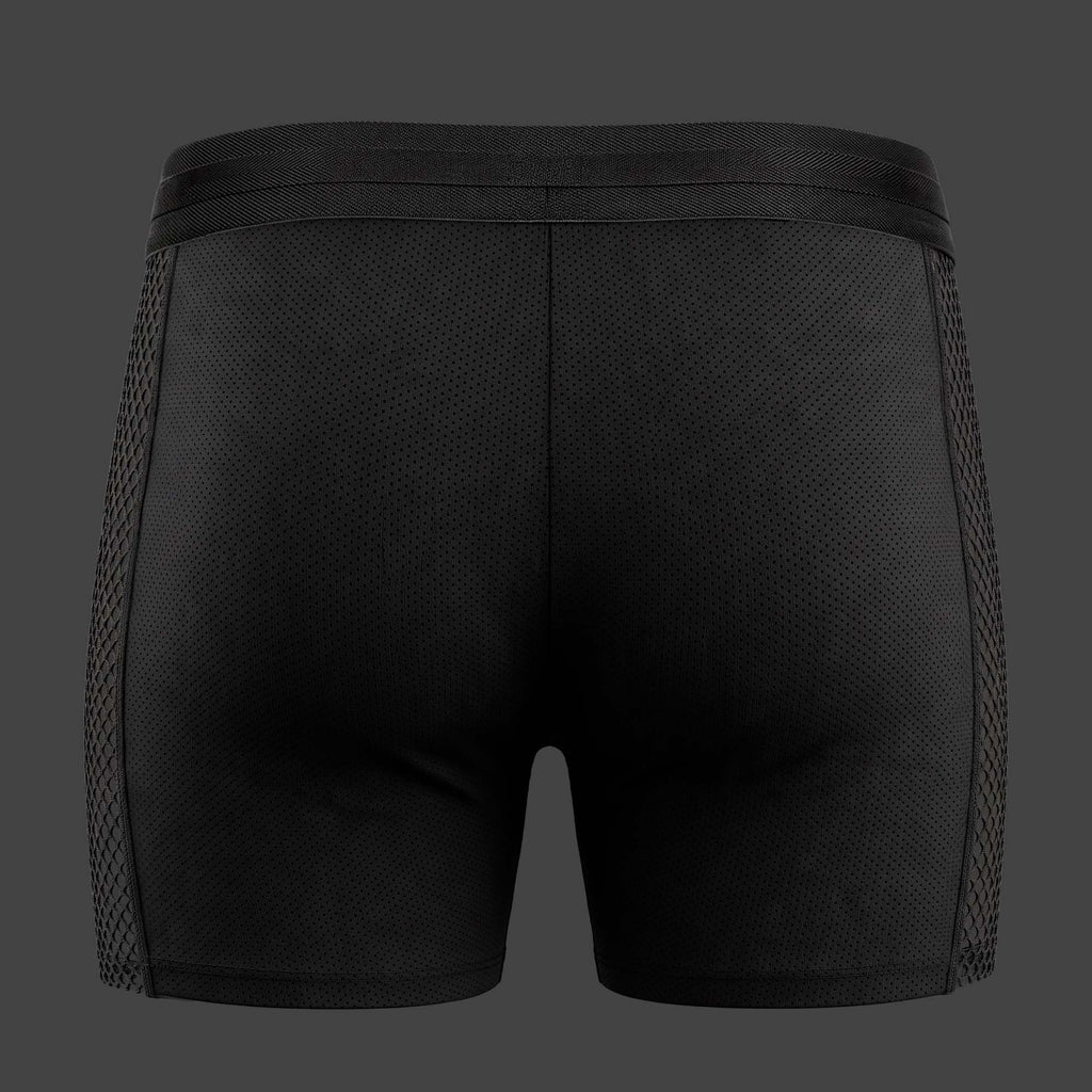 Boxer Malla Cage color negro. Vista trasera con cinturilla tejida en espiga y tag código. Alepadron.
