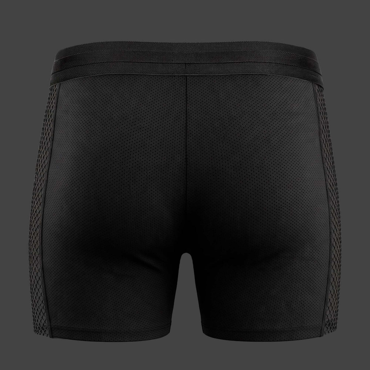 Boxer Malla Cage color negro. Vista trasera con cinturilla tejida en espiga y tag código. Alepadron.