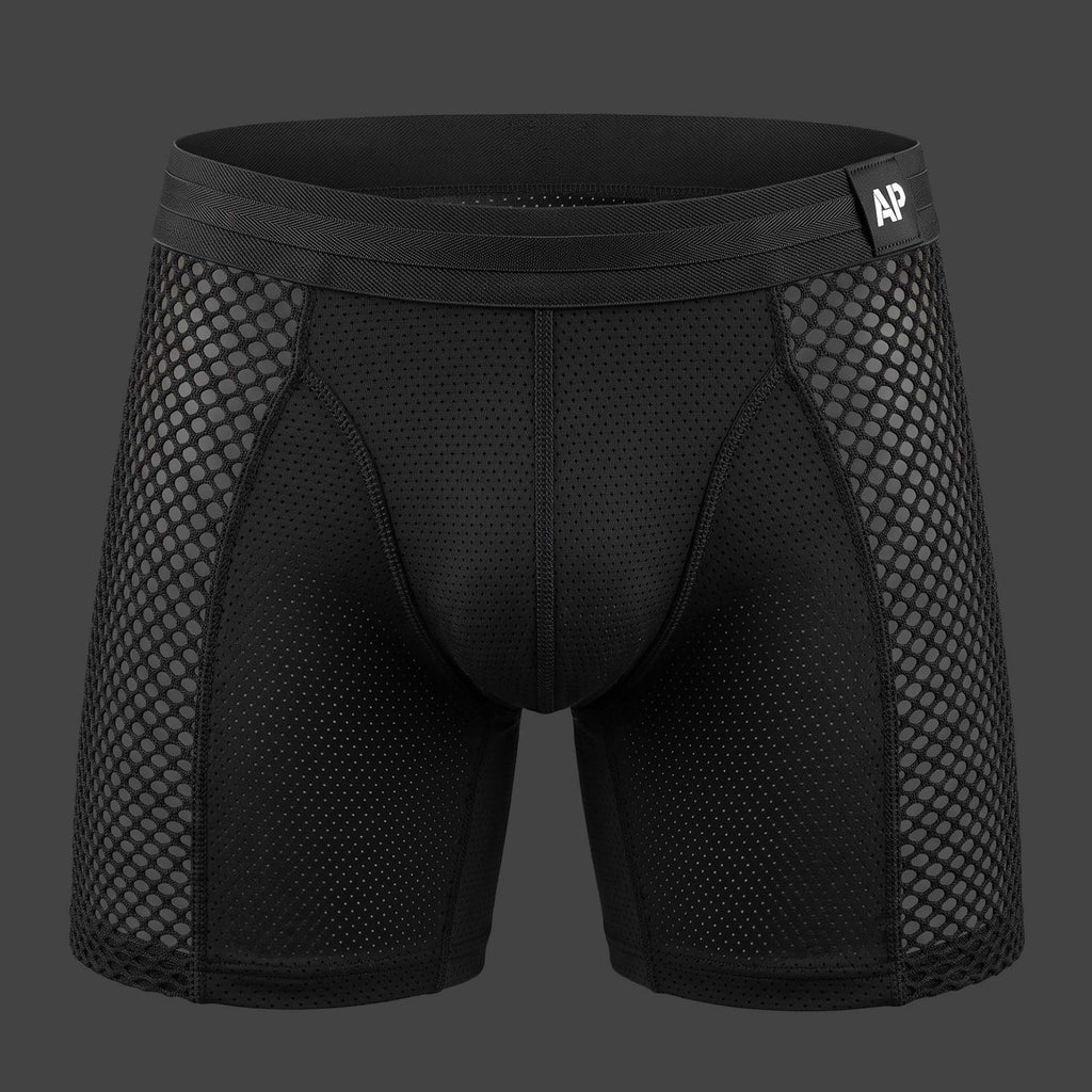 Boxer Malla Cage color negro. Vista frontal con paneles de malla panal y cuerpo microperforado. Alepadron.