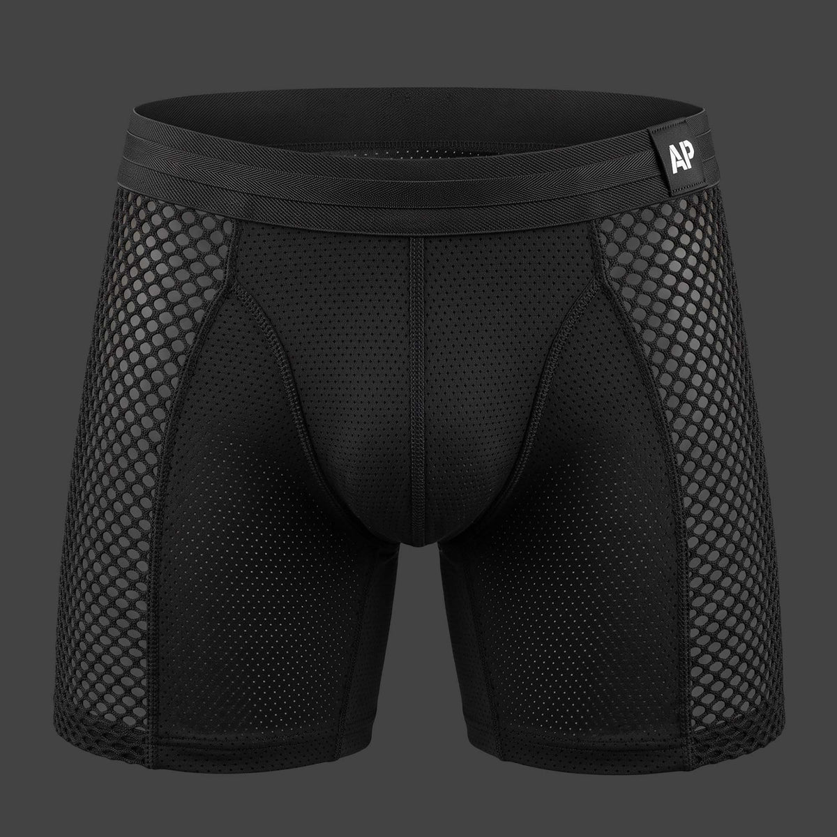 Boxer Malla Cage color negro. Vista frontal con paneles de malla panal y cuerpo microperforado. Alepadron.