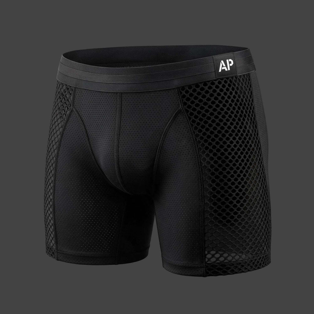 Boxer Malla Cage color negro. Vista 3/4 con detalle de malla panal lateral y microperforado. Alepadron.