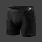 Boxer Malla Cage color negro. Vista 3/4 con detalle de malla panal lateral y microperforado. Alepadron.