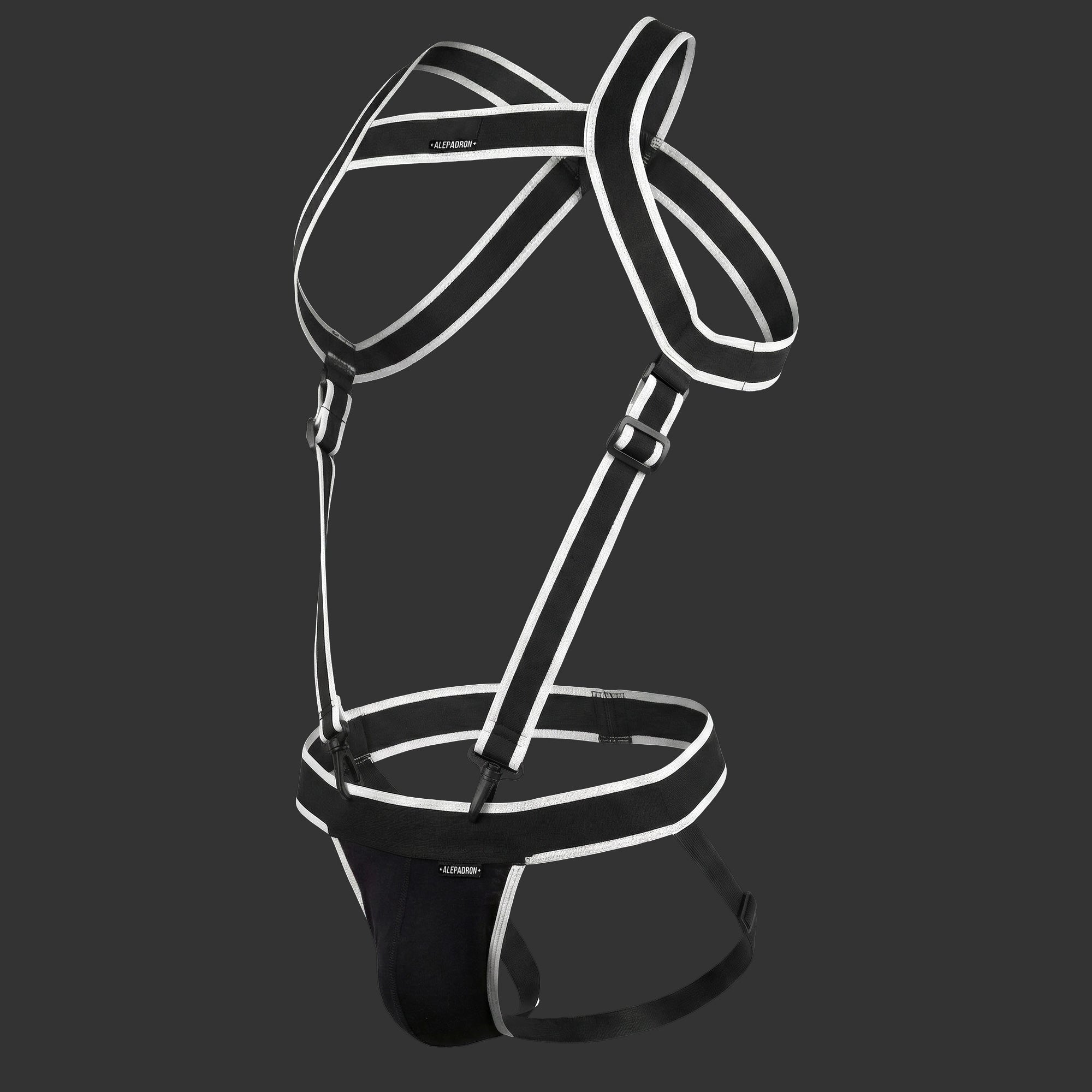 arnes dash negro. Vista frontal con líneas estructurales minimalistas. Alepadron.