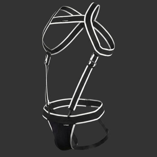 arnes dash negro. Vista frontal con líneas estructurales minimalistas. Alepadron.