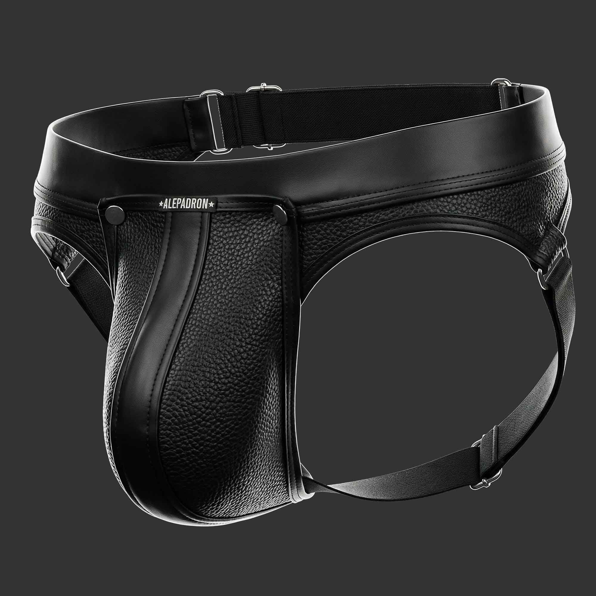 suspensorio negro. Vista frontal con soporte anatómico y diseño estructural limpio. Alepadron.