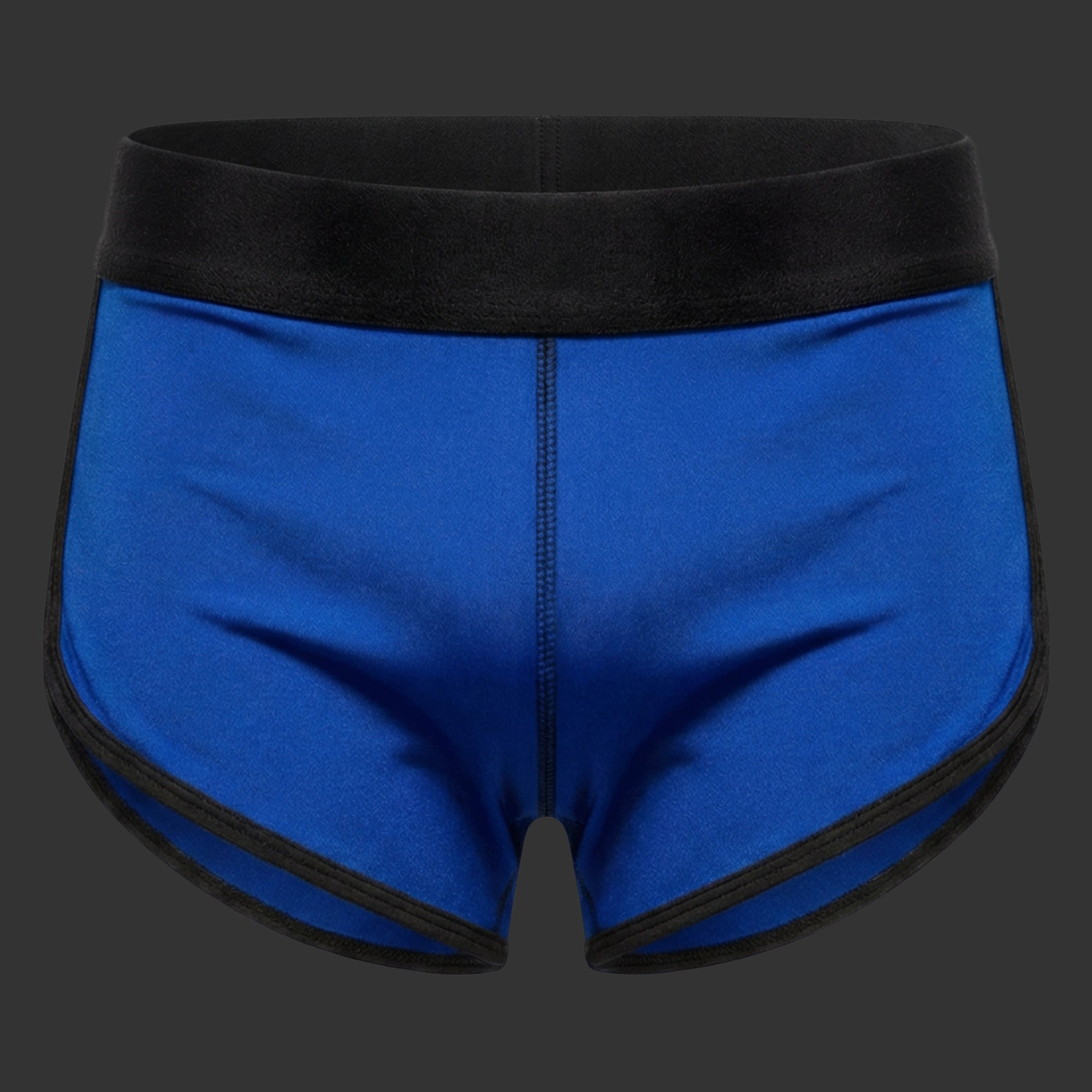 HORT SPRINTER RUNNING RETRO azul. Vista frontal con corte corto atlético y apertura lateral. Alepadron.