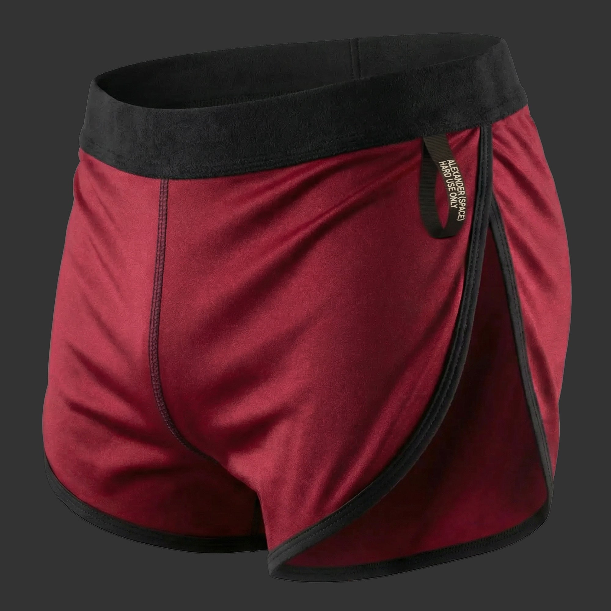 SHORT SPRINTER RUNNING RETRO rojo. Vista 3/4 con líneas retro y estructura minimal atlética. Alepadron.