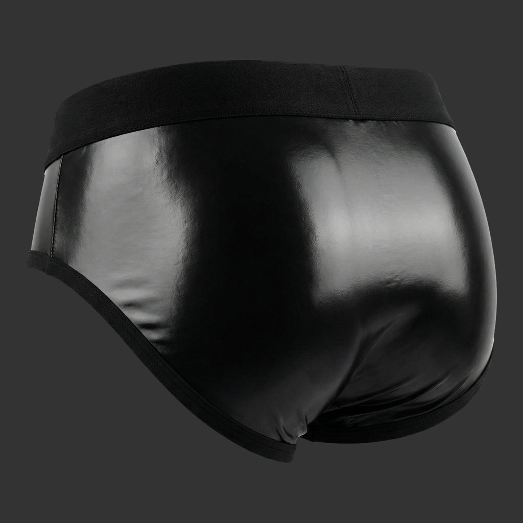 SHELL BRIEF - VINILO CIERRE negro. Vista 3/4 con efecto wet look y moldería compacta. Alepadron.