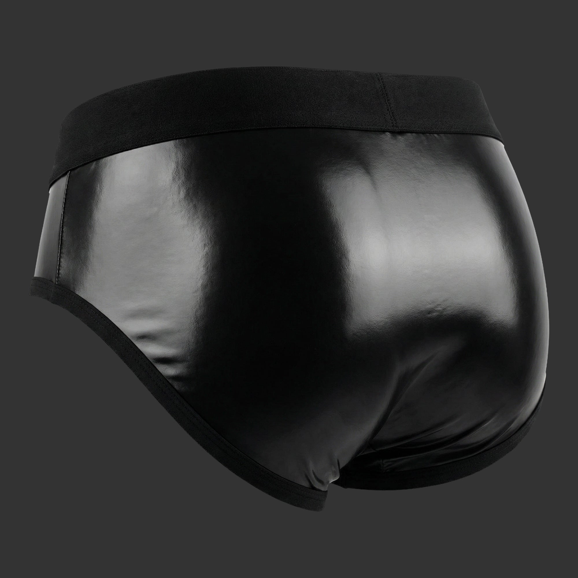 SHELL BRIEF - VINILO CIERRE negro. Vista 3/4 con efecto wet look y moldería compacta. Alepadron.