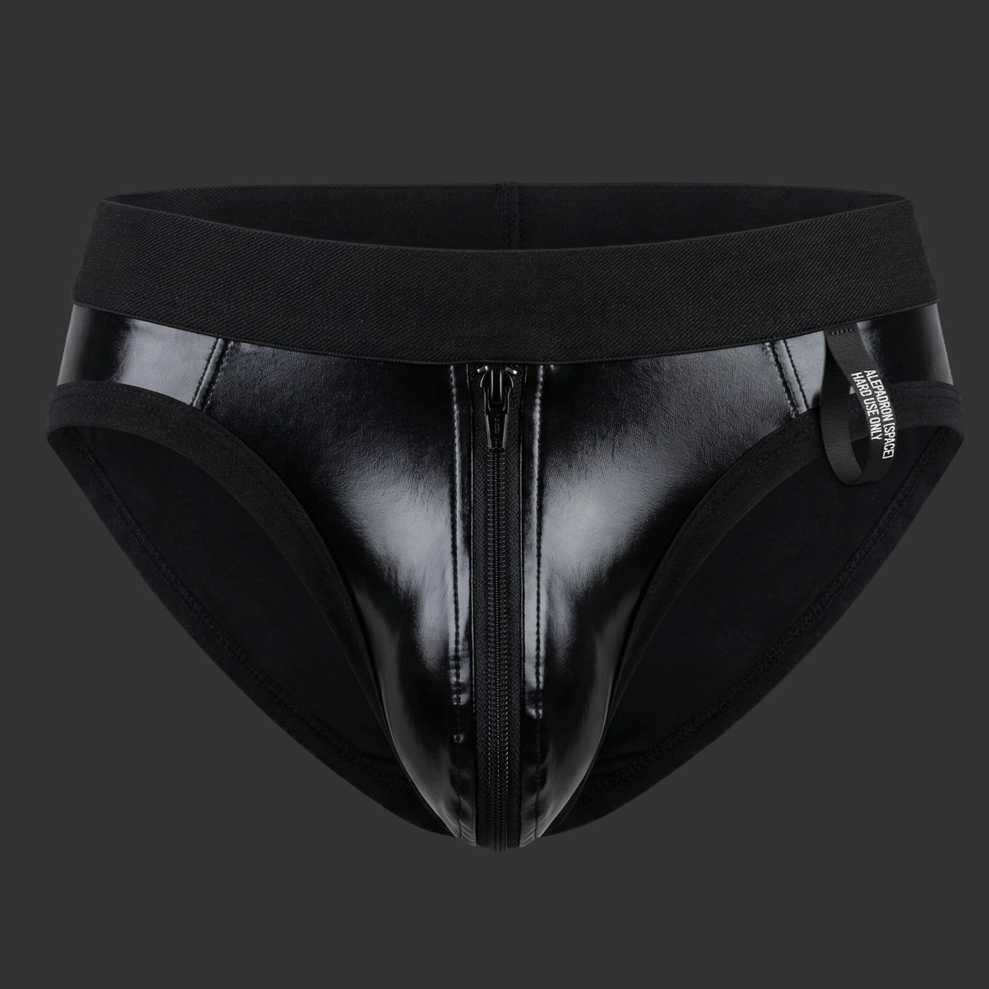 SHELL BRIEF - VINILO CIERRE negro. Vista frontal con acabado brillante y cierre metálico central. Alepadron.