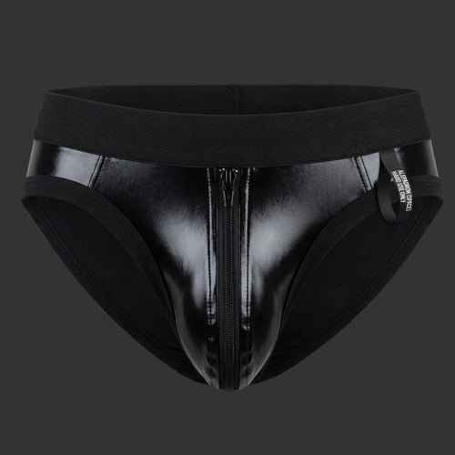 SHELL BRIEF - VINILO CIERRE negro. Vista frontal con acabado brillante y cierre metálico central. Alepadron.