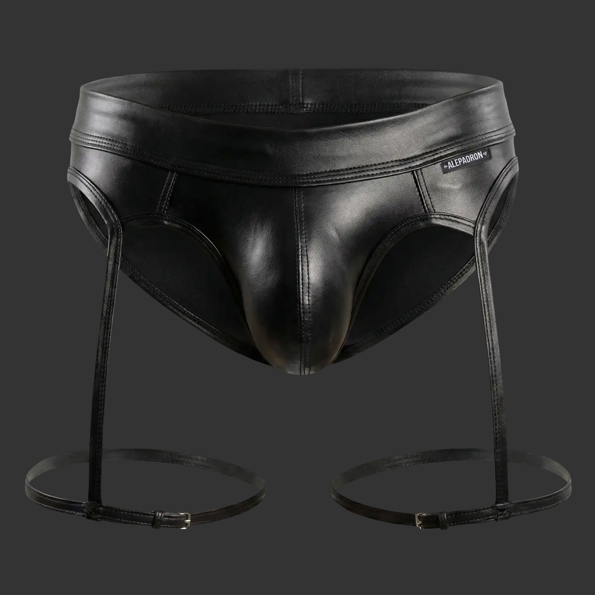 GUNNER BRIEF VINILO LIGAS negro. Vista frontal con acabado brillante y ligas estructurales. Alepadron.