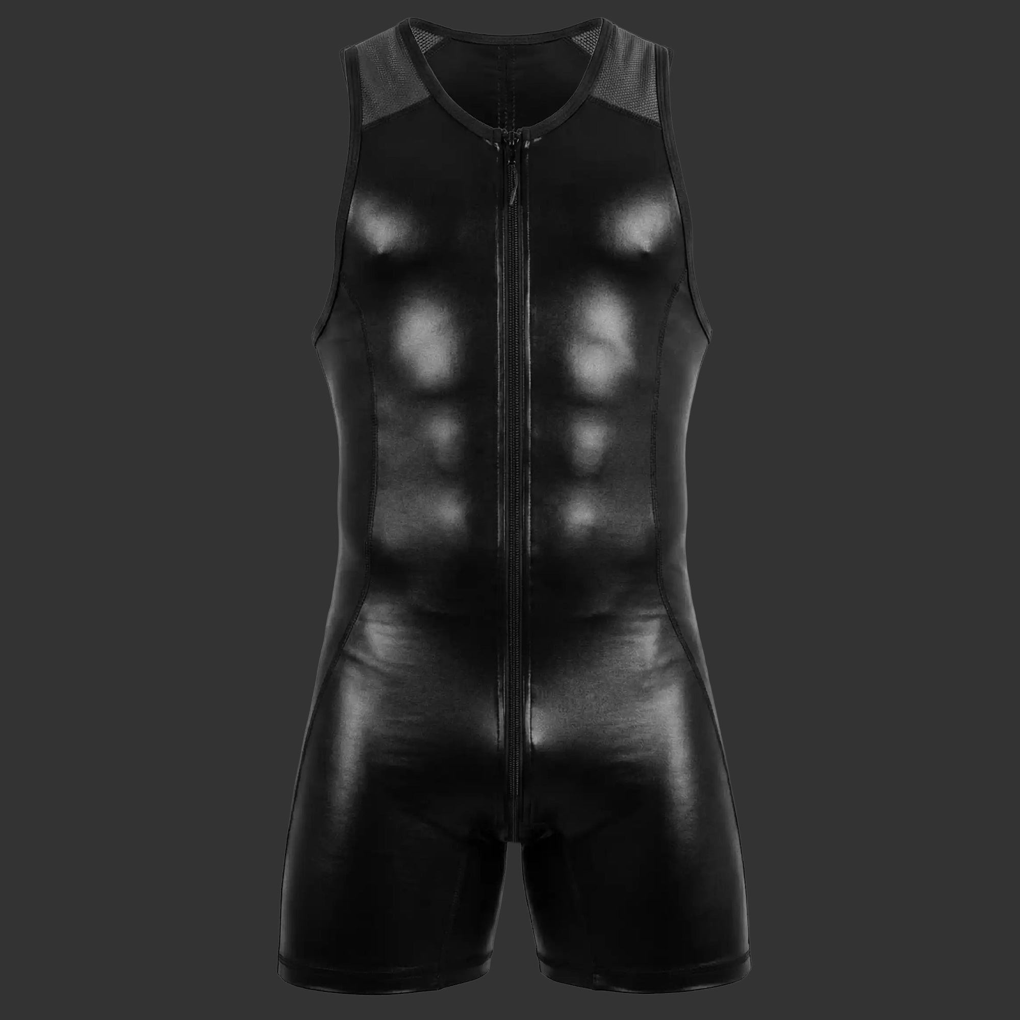 ENTERIZO CORTO VINILO CIERRE negro. Vista frontal con acabado brillante y cierre metálico. Alepadron.