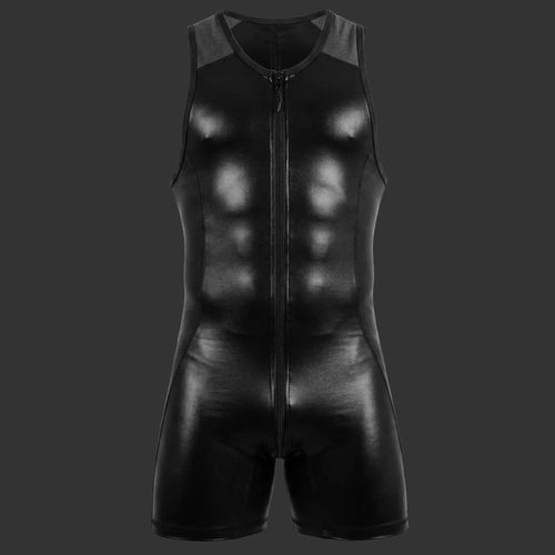 ENTERIZO CORTO VINILO CIERRE negro. Vista frontal con acabado brillante y cierre metálico. Alepadron.