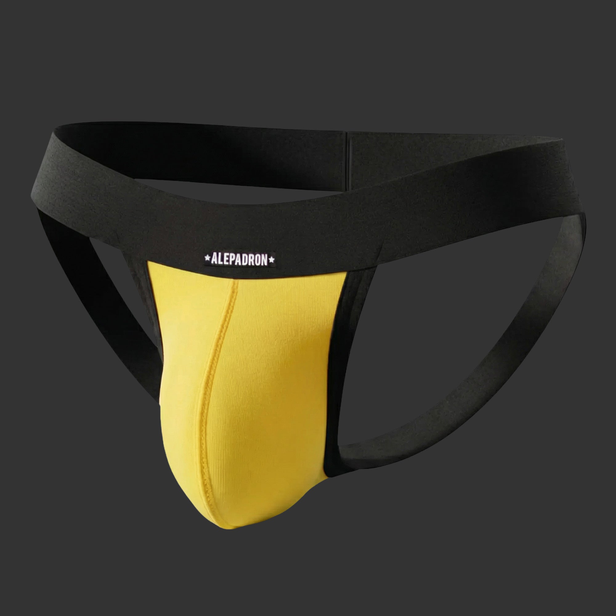 SUSPENSORIO CLÁSICO HOMBRE JOCKSTRAP BÁSICO amarillo. Vista frontal con soporte anatómico firme. Alepadron.