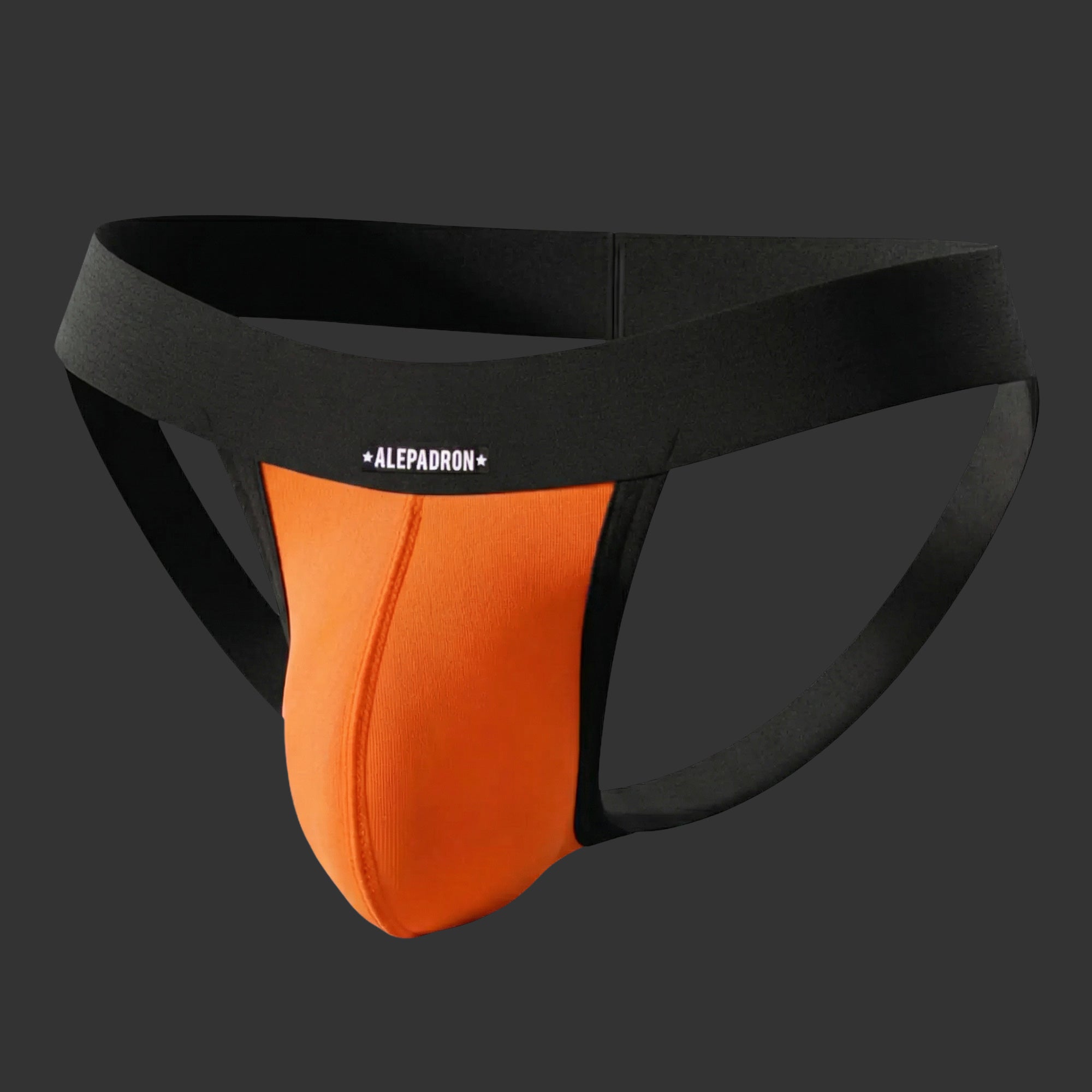 SUSPENSORIO CLÁSICO HOMBRE JOCKSTRAP BÁSICO naranja. Vista frontal con soporte anatómico firme. Alepadron.