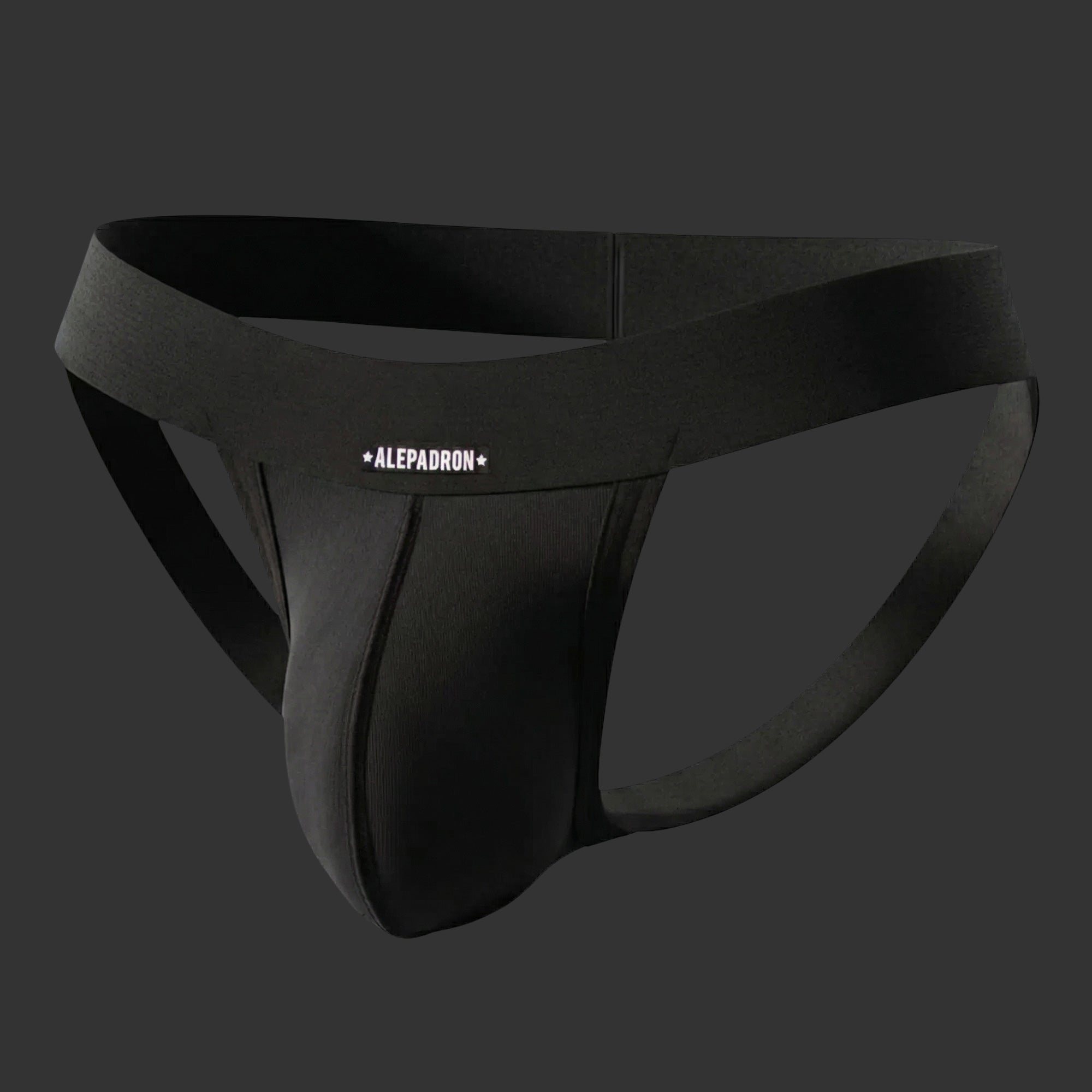 SUSPENSORIO CLÁSICO HOMBRE JOCKSTRAP BÁSICO negro. Vista frontal con soporte anatómico firme. Alepadron.