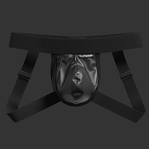 SUSPENSORIO CIERRE ZIP JOCK CUERO negro. Vista frontal con bloque estructural y cierre metálico. Alepadron.