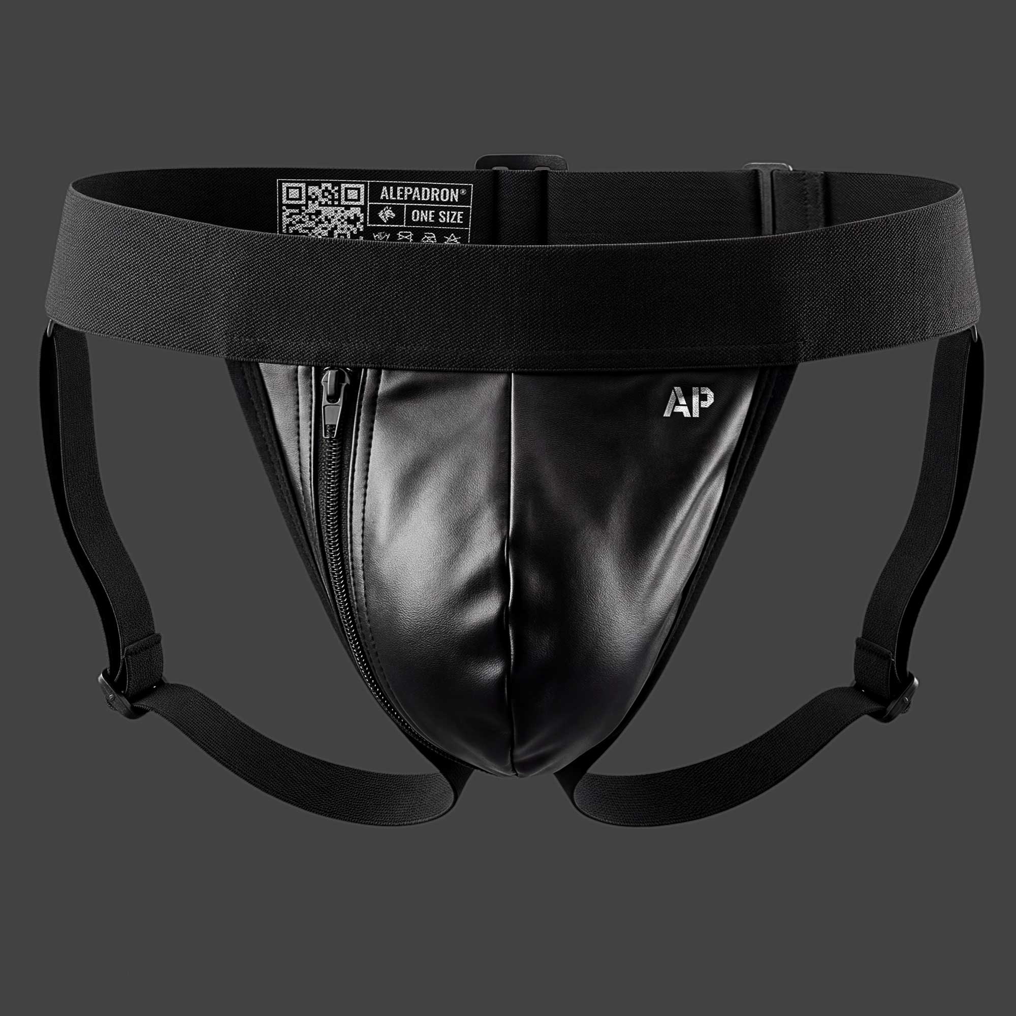 SUSPENSORIO CIERRE ZIP JOCK CUERO negro. Vista frontal, cierre metálico. Alepadron.