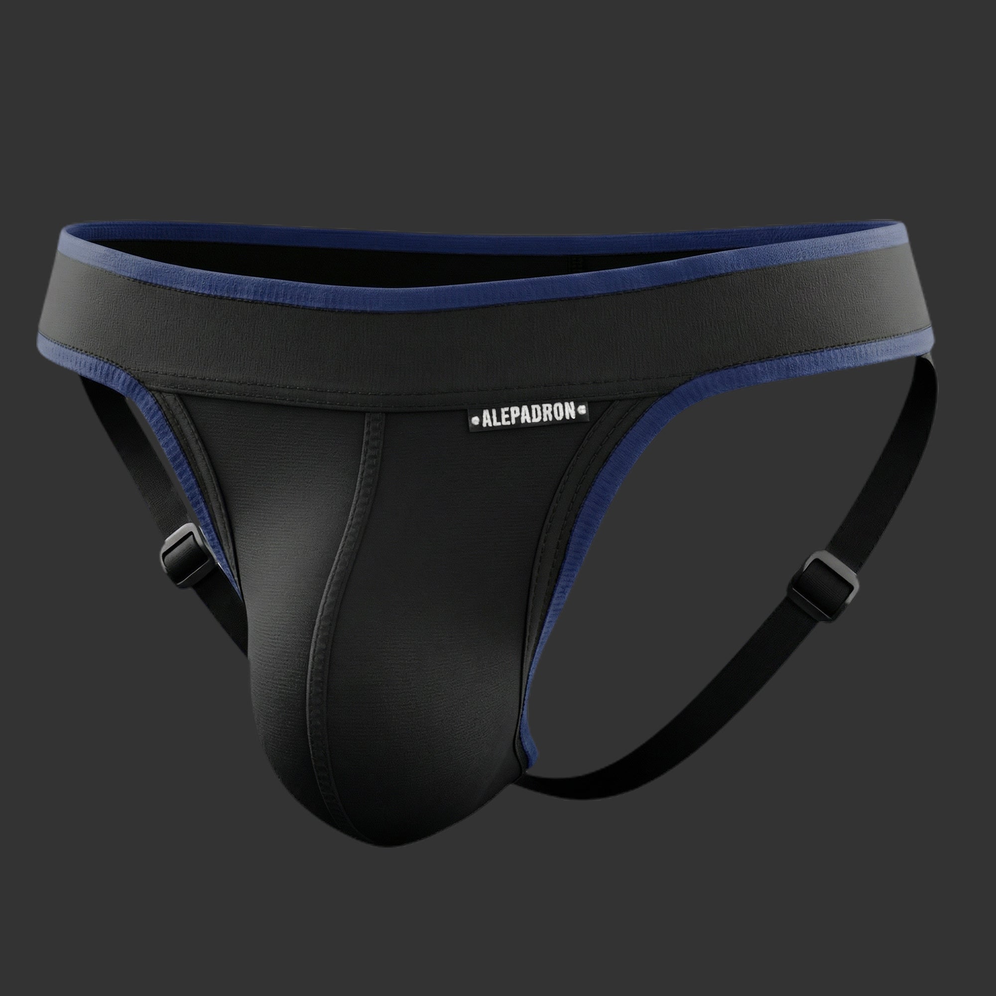 SUSPENSORIO DEPORTIVO REGULABLE DASH JOCKSTRAP azul. Vista frontal con ajuste anatómico y diseño atlético. Alepadron.