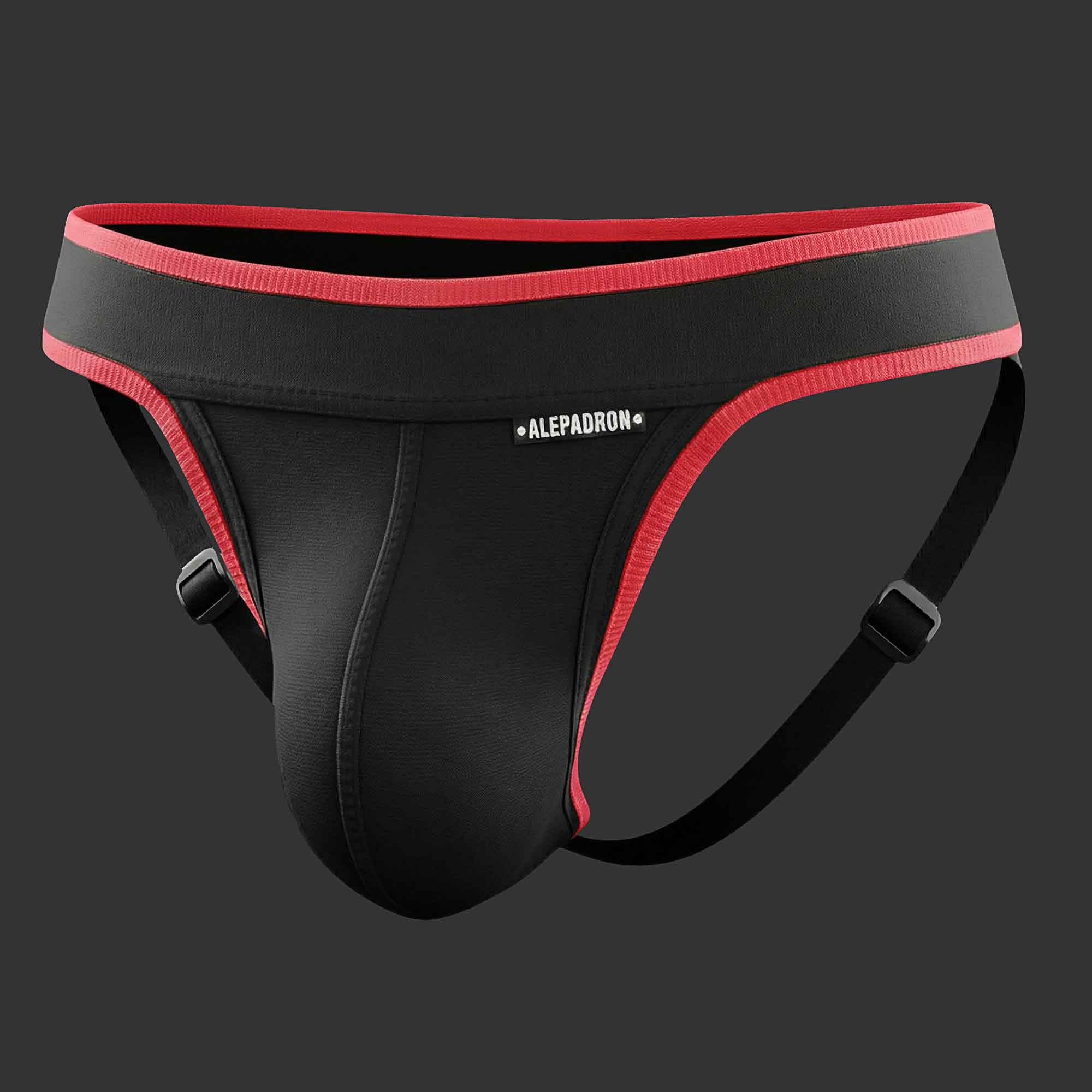 SUSPENSORIO DEPORTIVO REGULABLE DASH JOCKSTRAP rojo. Vista frontal con ajuste anatómico y diseño atlético. Alepadron.