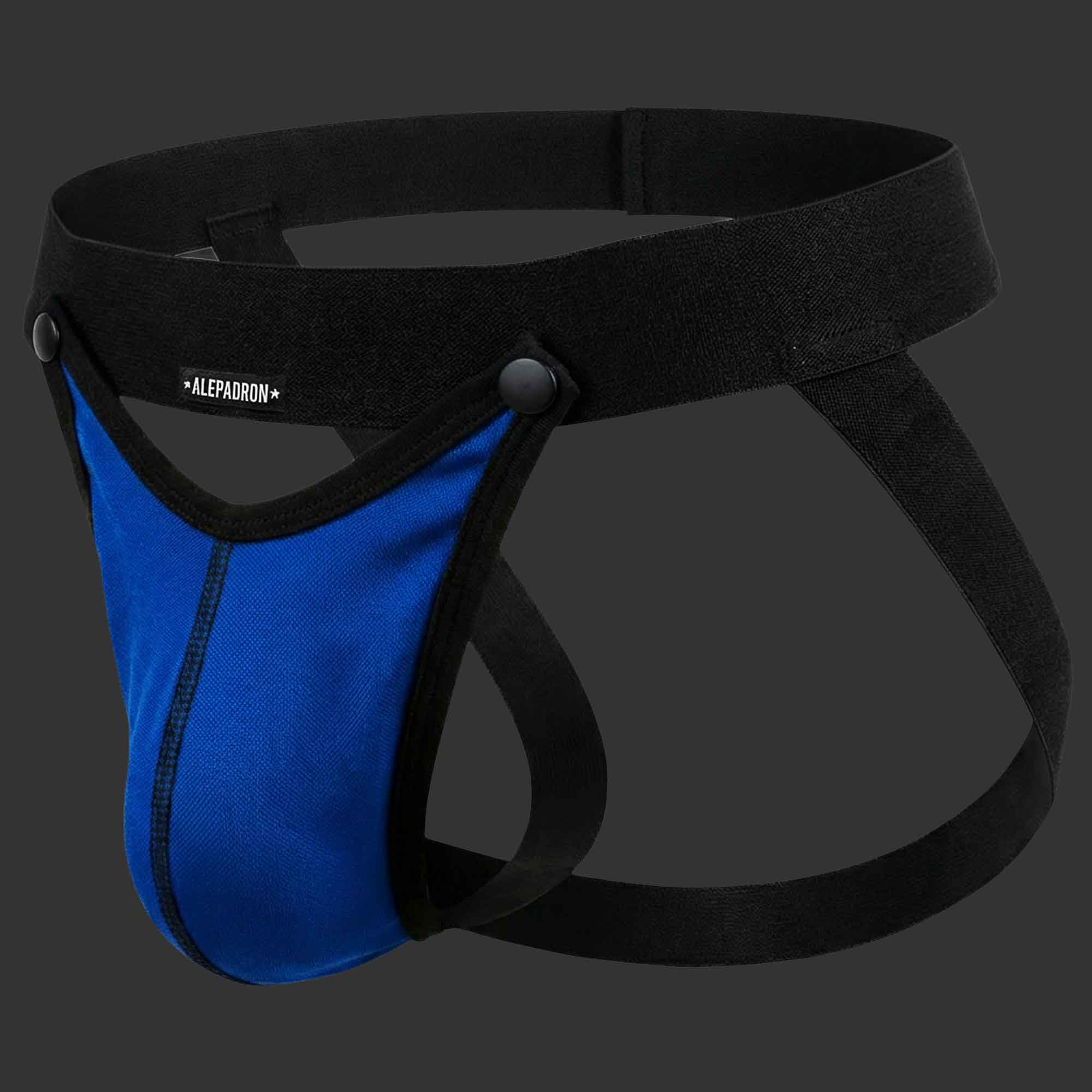 SUSPENSORIO DESMONTABLE JOCKSTRAP MODULAR azul. Vista frontal con bloque estructural desmontable. Alepadron.