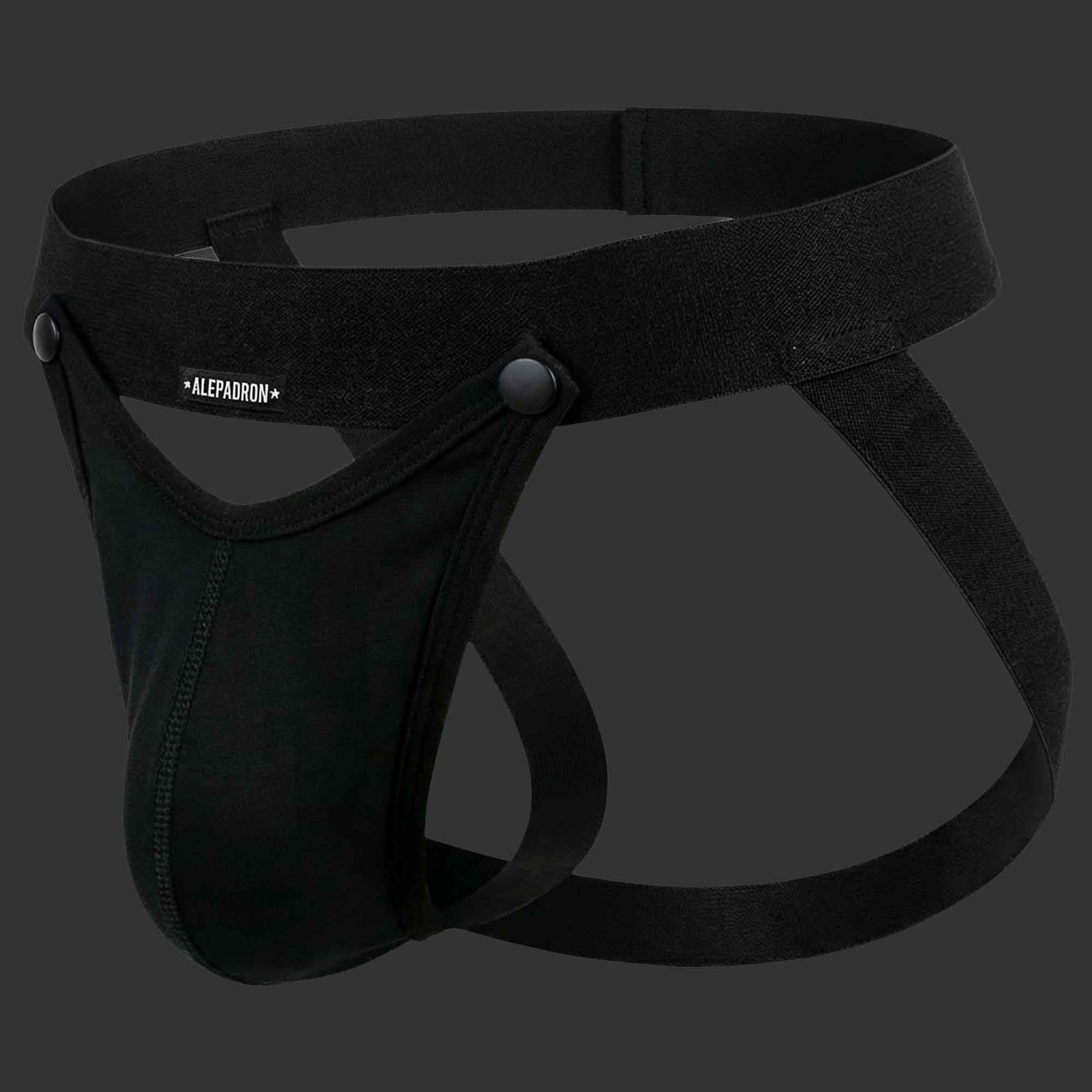 SUSPENSORIO DESMONTABLE JOCKSTRAP MODULAR negro. Vista frontal con bloque estructural desmontable. Alepadron.