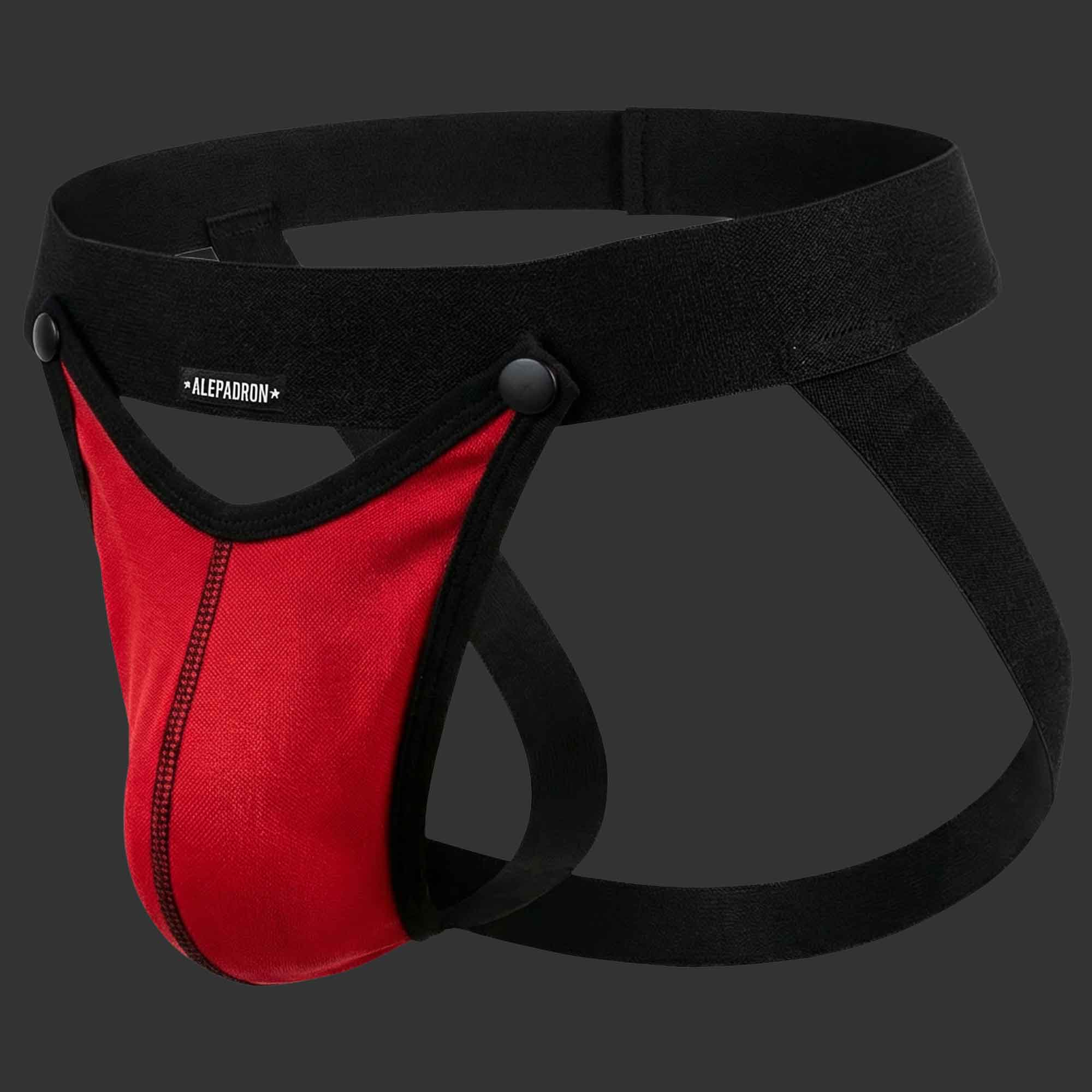 SUSPENSORIO DESMONTABLE JOCKSTRAP MODULAR rojo. Vista frontal con bloque estructural desmontable. Alepadron.