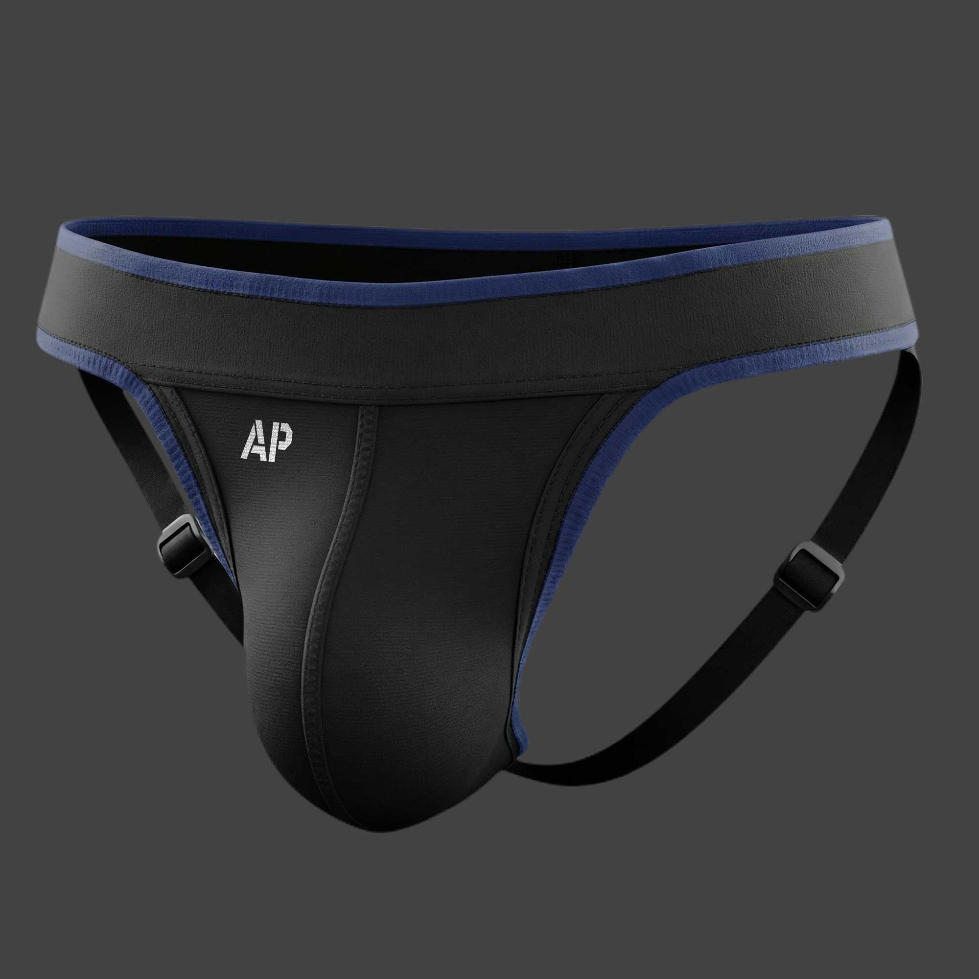 Suspensorio deportivo regulable Dash jockstrap color negro con azul ALEPADRON