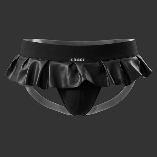 RUFFLE JOCK - SUSPENSORIO CON FALDA negro. Vista posterior con extensión tipo falda y bandas elásticas. Alepadron.