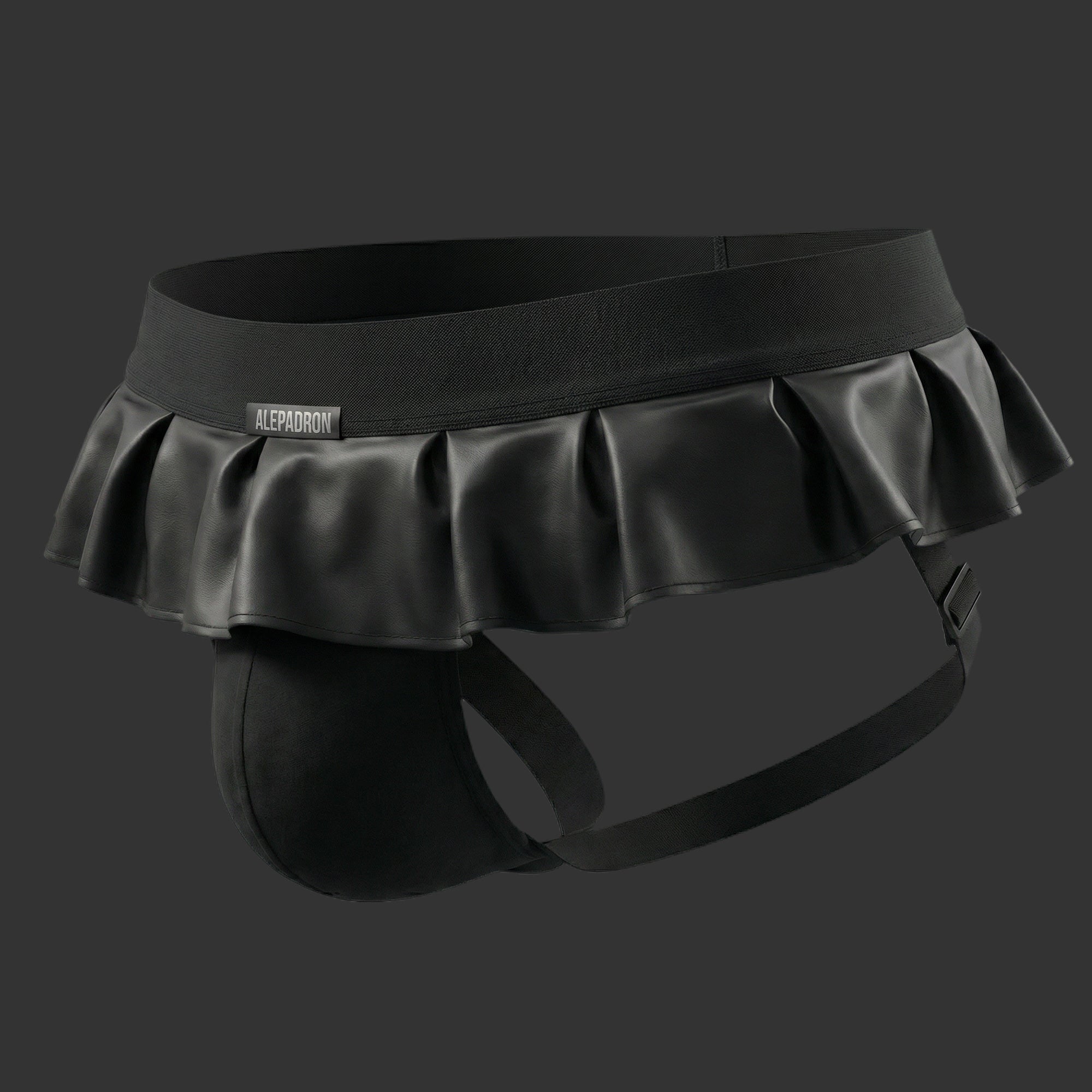 RUFFLE JOCK - SUSPENSORIO CON FALDA negro. Vista frontal con soporte anatómico y estructura firme. Alepadron.