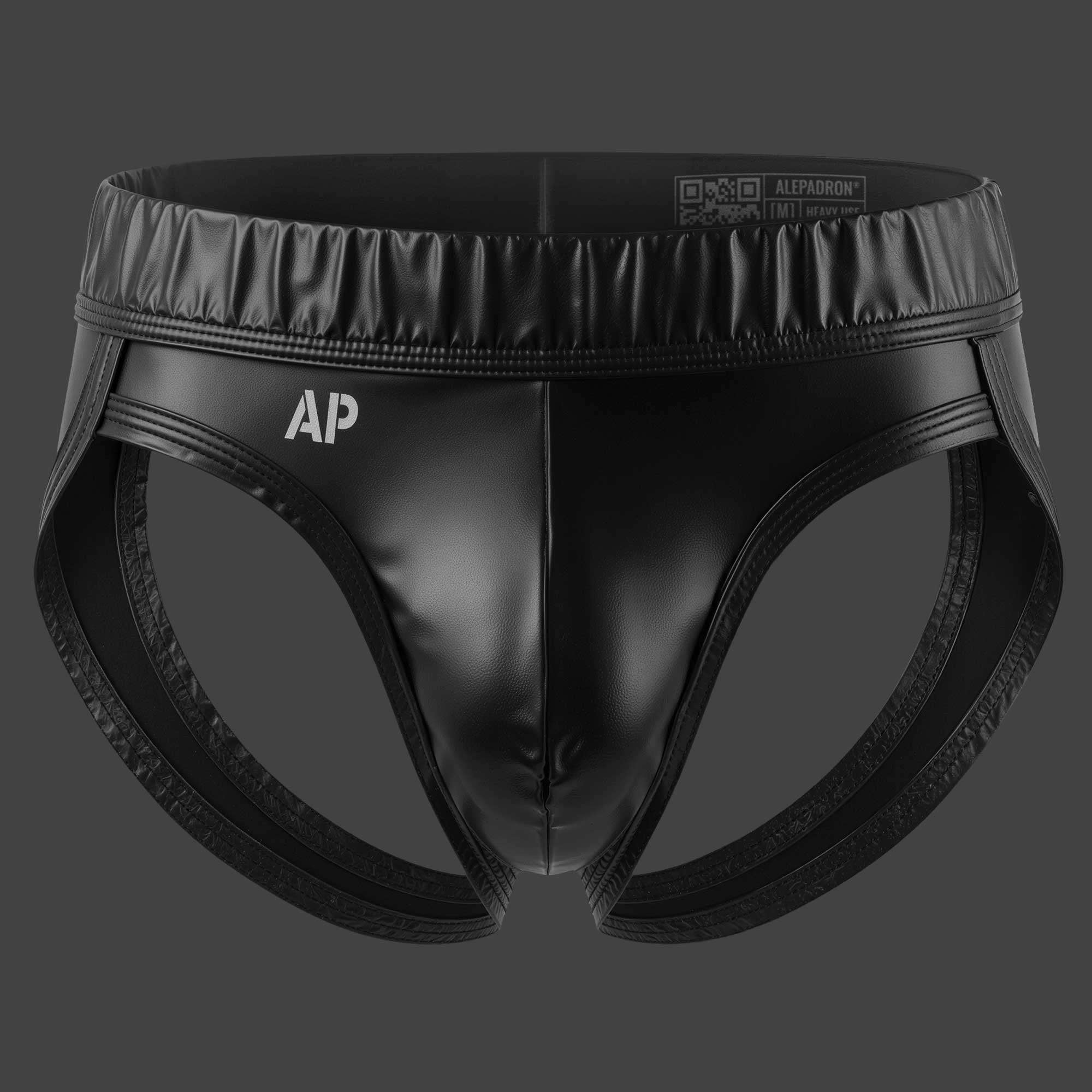 Suspensorio slip cuerina color negro vista frontal ALEPADRON