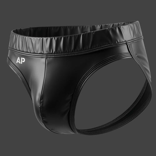 Suspensorio slip cuerina color negro vista de perfil ALEPADRON