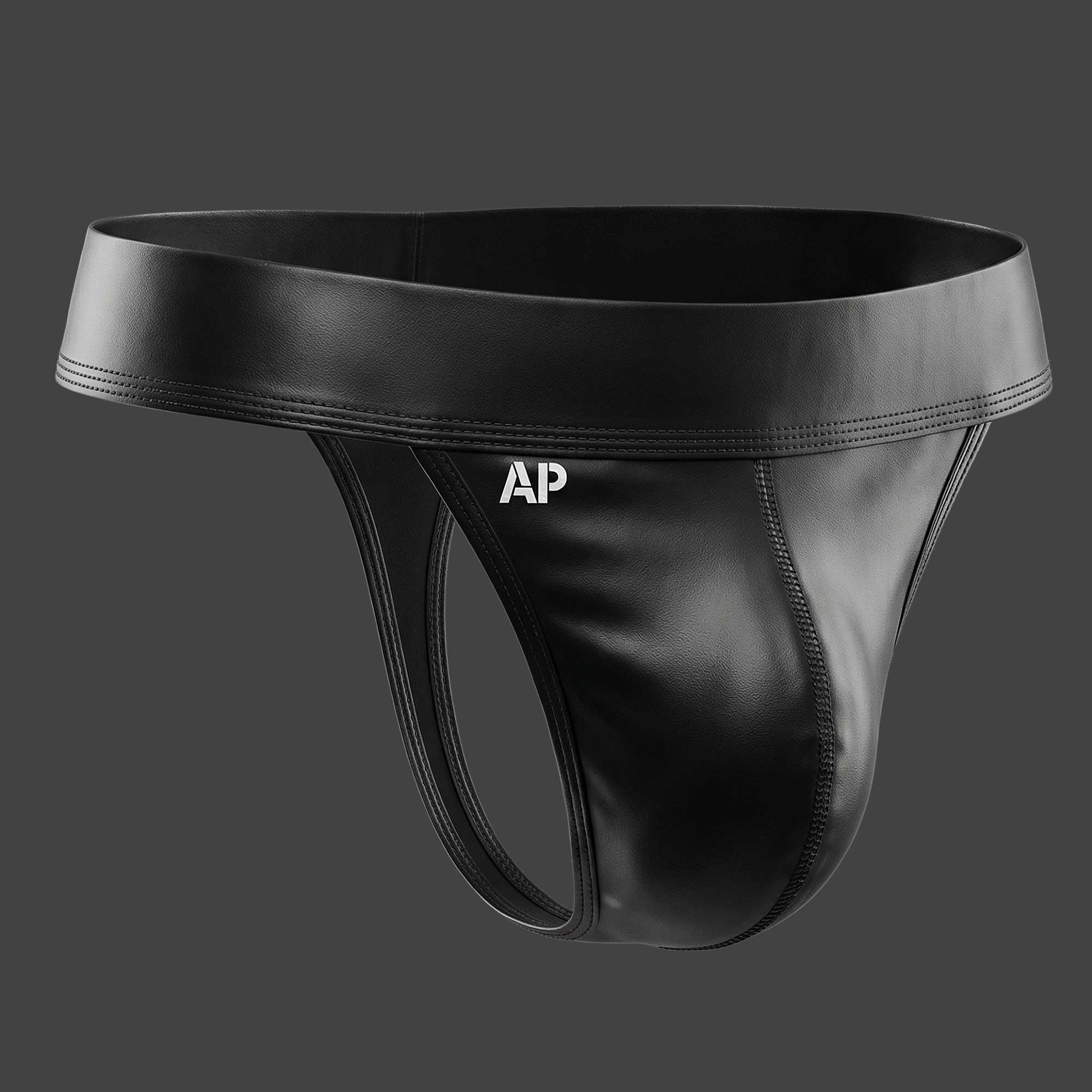 Tanga VOID color negro. Vista 3/4 con cintura de 5 cm y tiras laterales en cuerina. Alepadron.