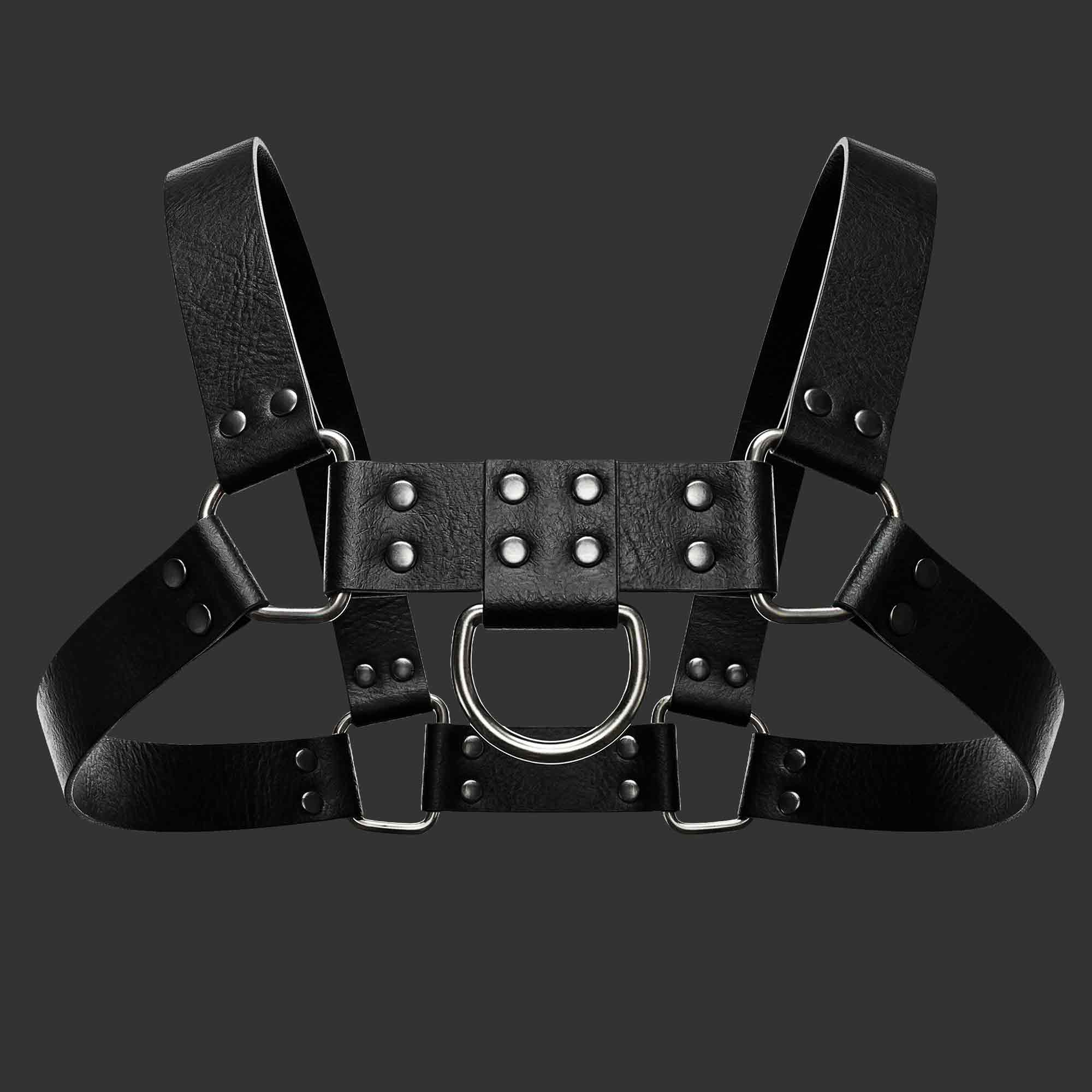 Arnes de Pecho Cuero Rigido - Pardus en cuero vacuno rigido. Vista frontal, panel pectoral geometrico y herrajes. Alepadron.