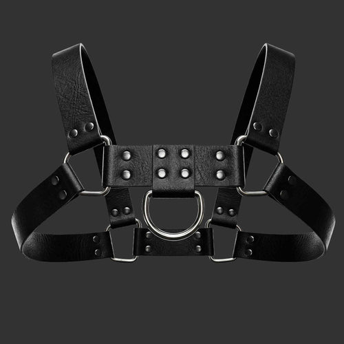 Arnes de Pecho Cuero Rigido - Pardus en cuero vacuno rigido. Vista frontal, panel pectoral geometrico y herrajes. Alepadron.